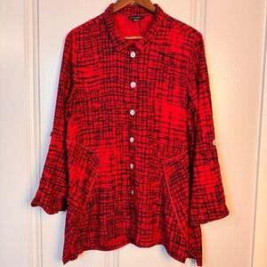 John Mark Black‎ & Red Windowpane Print Button Front Tab Sleeve Tunic Top Large